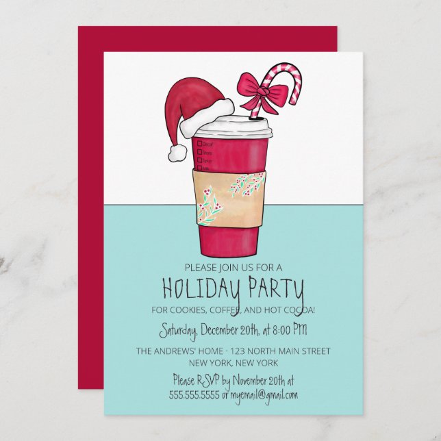 Cute Red Santa Hat Coffee Candy Cane Holiday Invitation (Front/Back)