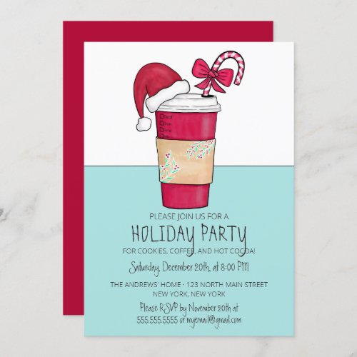 Cute Red Santa Hat Coffee Candy Cane Holiday Invitation
