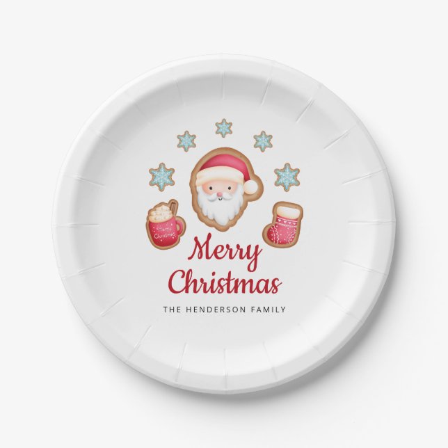 Cute Red Santa Merry Christmas Paper Plates (Front)
