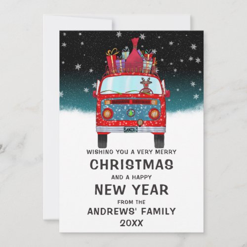 Cute Red Santa Van Reindeer Dog Snow Christmas Holiday Card