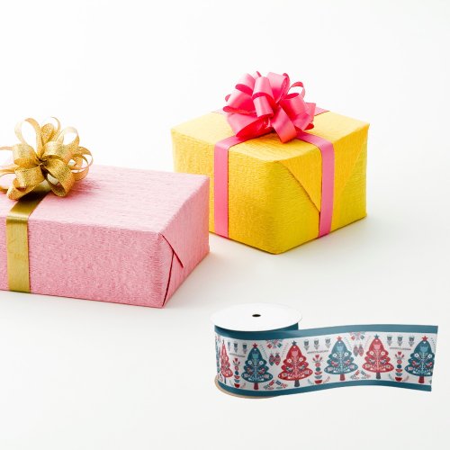 Cute Red Scandinavian Christmas Tree Folk Art Satin Ribbon