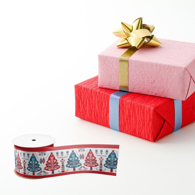 Cute Red Scandinavian Christmas Tree Folk Art Satin Ribbon (Creator Uploaded)