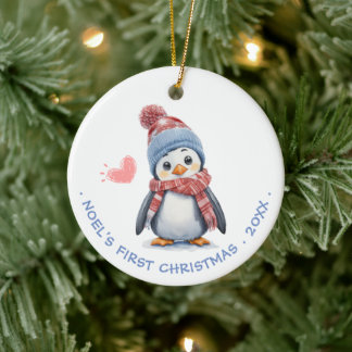 Cute Red Scarf Penguin | Baby's First Christmas Ceramic Ornament