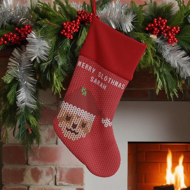 Cute Red Sloth Merry Slothmas Christmas Stocking (Celebrating Slothmas this Holiday Season? Here's a fun christmas stocking to hang on your fireplace)