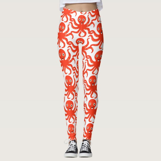 Cute Red Smiling Octopus Thunder_Cove Leggings (Front)
