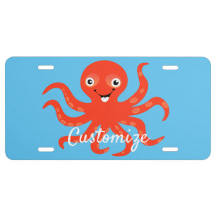 Cute Red Smiling Octopus Thunder_Cove  License Plate
