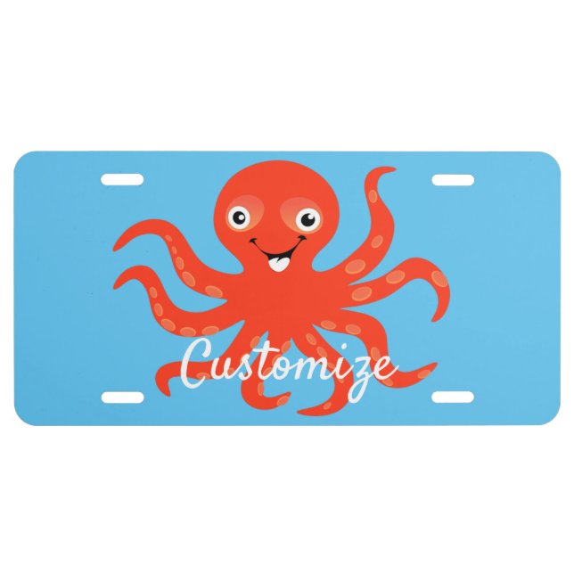 Cute Red Smiling Octopus Thunder_Cove  License Plate (Front)