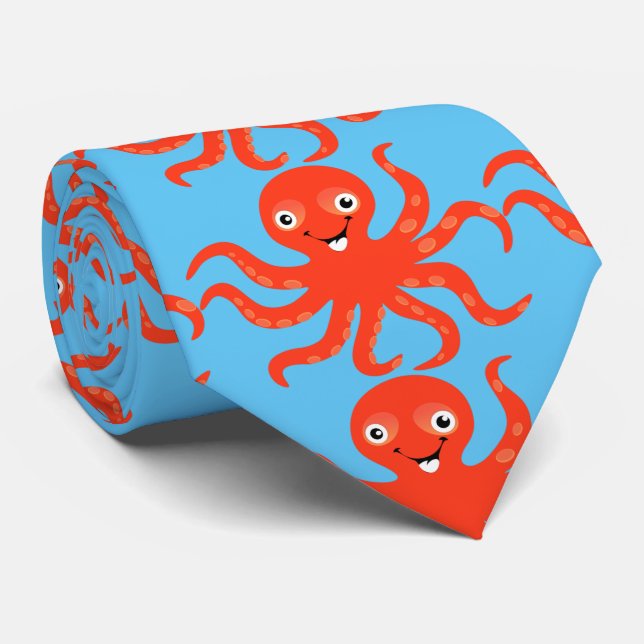 Cute Red Smiling Octopus Thunder_Cove Neck Tie (Rolled)