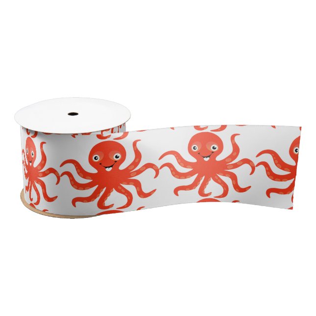 Cute Red Smiling Octopus Thunder_Cove  Satin Ribbon (Spool)