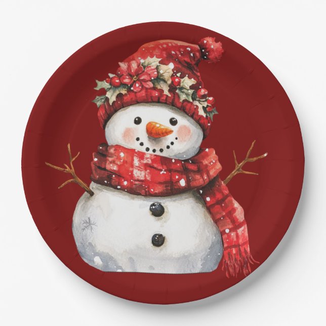 Cute Red Snowman Christmas  Paper Plates (Front)