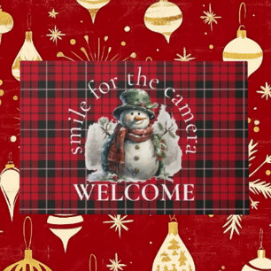 Cute Red Snowman Holiday Christmas Wishes Doormat