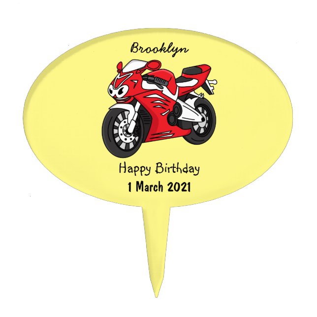 Cute red sports motorcycle cartoon cake topper (Front)