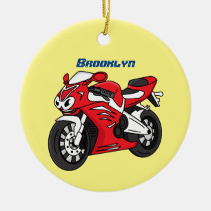 Cute red sports motorcycle cartoon  ceramic ornament