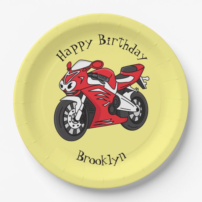 Cute red sports motorcycle cartoon  paper plates (Front)