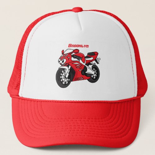 Cute red sports motorcycle cartoon trucker hat