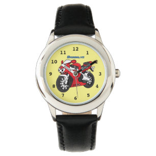 Cute red sports motorcycle cartoon watch