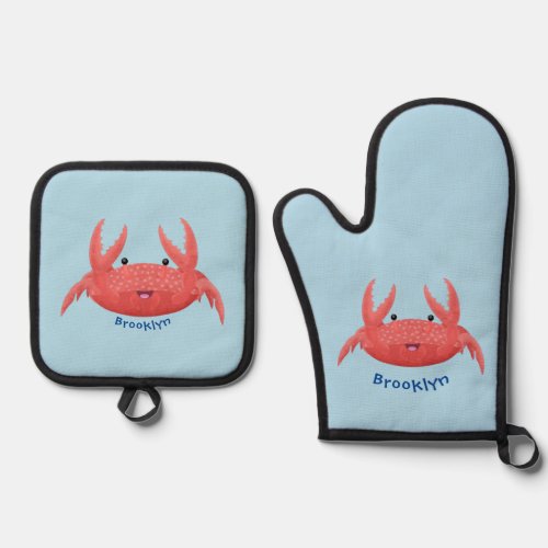 Cute red spotty crab cartoon illustration oven mitt  pot holder set