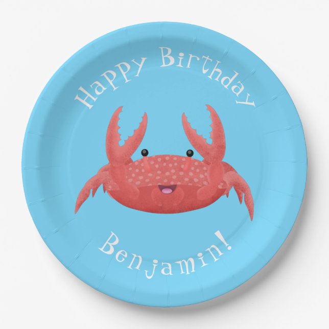 Cute red spotty crab cartoon illustration paper plates (Front)