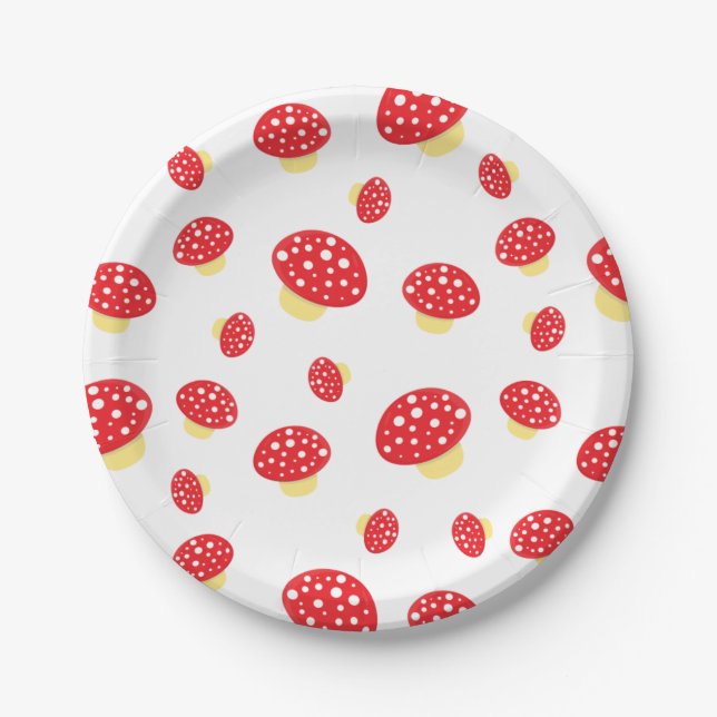 Cute Red Spotty Toadstool Mushrooms Pattern Paper Plates (Front)