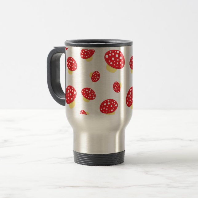 Cute Red Spotty Toadstool Mushrooms Pattern Travel Mug (Front Left)