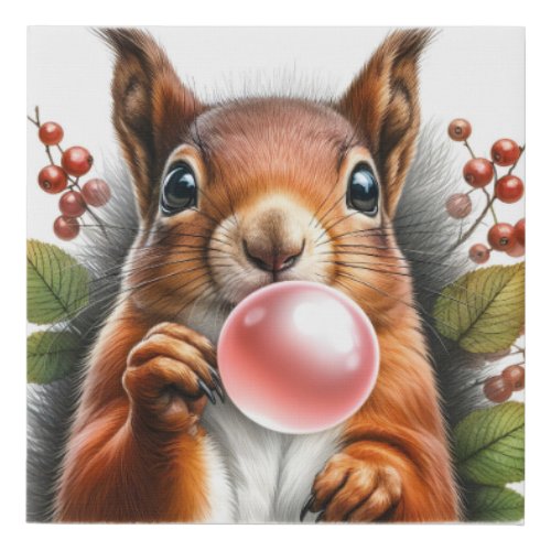 Cute Red Squirrel Blowing Bubble Gum Nursery  Faux Canvas Print