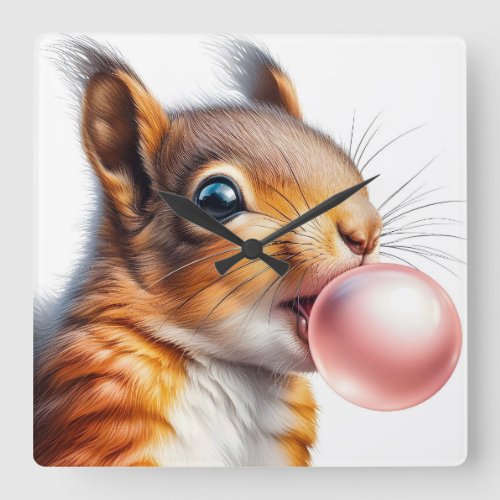 Cute Red Squirrel Blowing Bubble Gum Nursery Square Wall Clock
