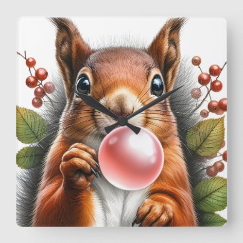 Cute Red Squirrel Blowing Bubble Gum Nursery  Square Wall Clock