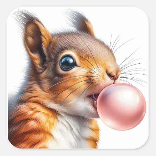 Cute Red Squirrel Blowing Bubble Gum  Square Sticker
