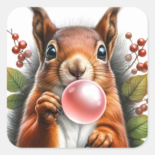 Cute Red Squirrel Blowing Bubble Gum  Square Sticker