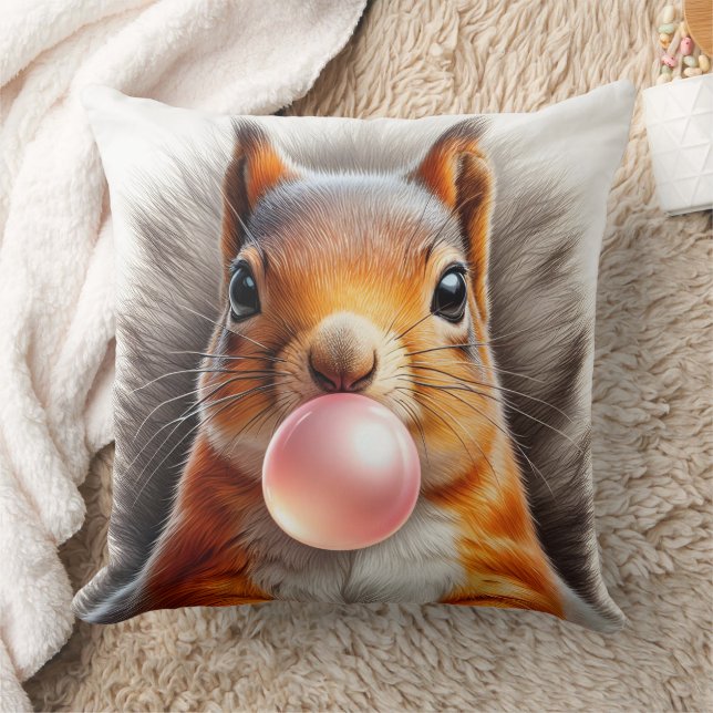 Cute Red Squirrel Blowing Bubblegum Whimsical  Throw Pillow (Blanket)