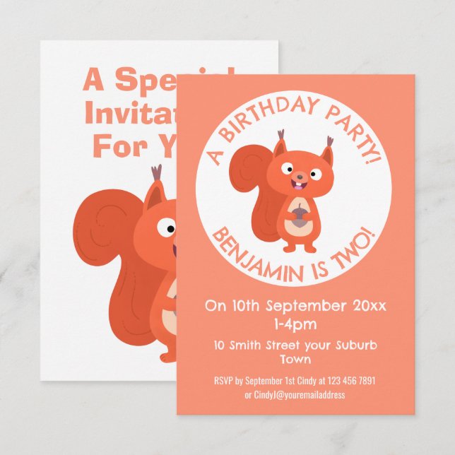Cute red squirrel cartoon birthday invitation (Front/Back)