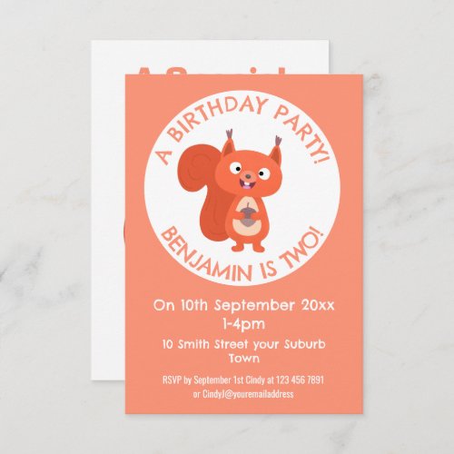 Cute red squirrel cartoon birthday invitation
