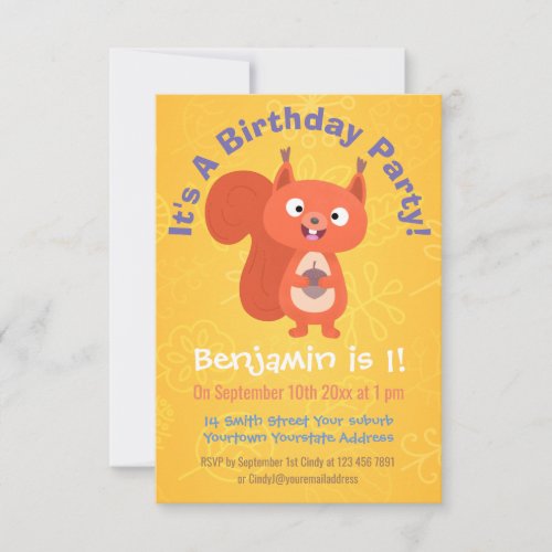 Cute red squirrel cartoon birthday invitation