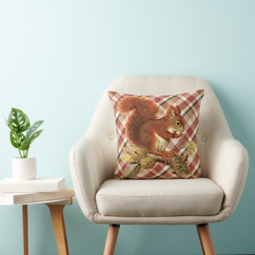 Cute Red Squirrel Fall Season Color Plaid Pattern Throw Pillow