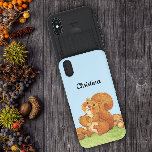Cute Red Squirrel Holding Stash of Nuts in Grass Uncommon iPhone Case (Cute red squirrel sitting in grass stash of nuts and acorns on iPhone wallet case.)
