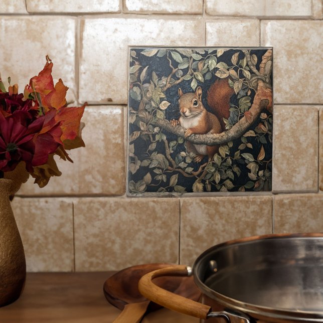Cute Red Squirrel in a William Morris Style Forest Ceramic Tile (Creator Uploaded)