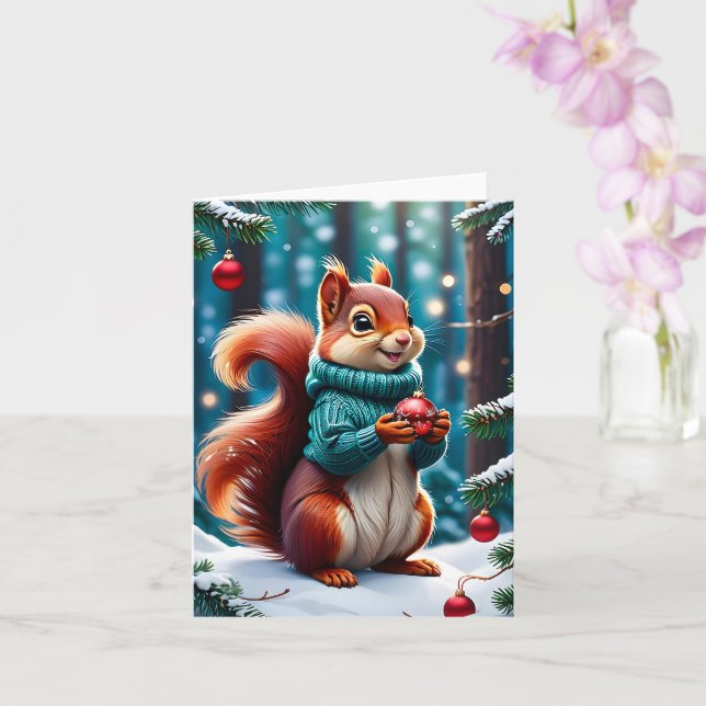 Cute Red Squirrel in Sweater Christmas Balls Blank Card (Orchid)