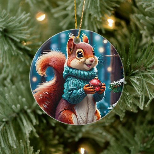 Cute Red Squirrel in Sweater Christmas Balls  Ceramic Ornament