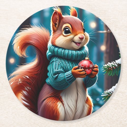 Cute Red Squirrel in Sweater Christmas Balls  Round Paper Coaster
