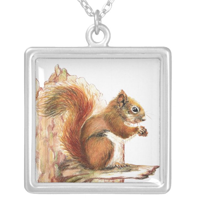 Cute Red Squirrel  - Nature Silver Plated Necklace (Front)