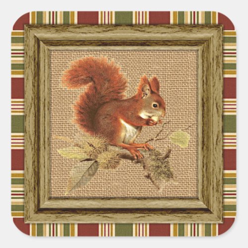 Cute Red Squirrel On Faux Jute Burlap Square Sticker