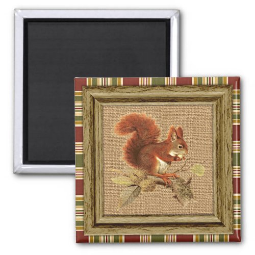 Cute Red Squirrel On Faux Jute Burlap Texture Magnet