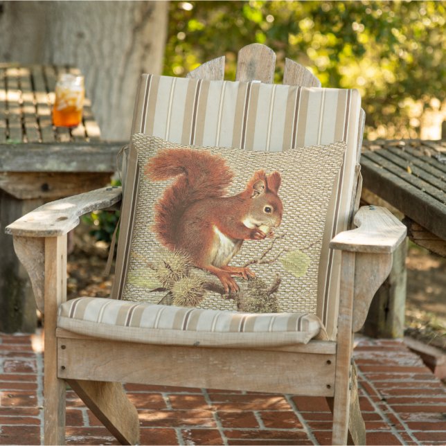 Cute Red Squirrel On Faux Jute Burlap Texture Outdoor Pillow (Chair)