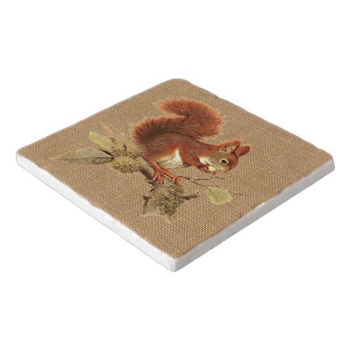 Cute Red Squirrel On Faux Jute Burlap Texture Trivet