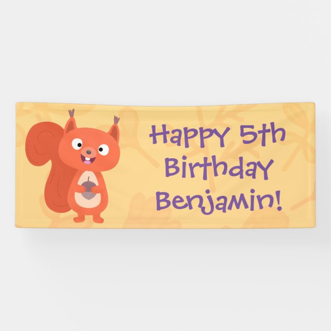 Cute red squirrel personalized cartoon birthday banner (Horizontal)