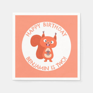 Cute red squirrel personalized cartoon birthday napkins