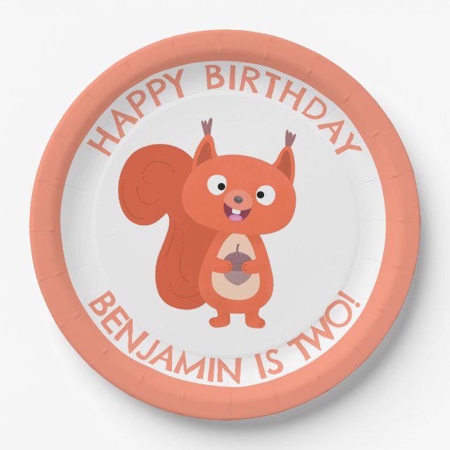 Cute red squirrel personalized cartoon birthday paper plates (Front)