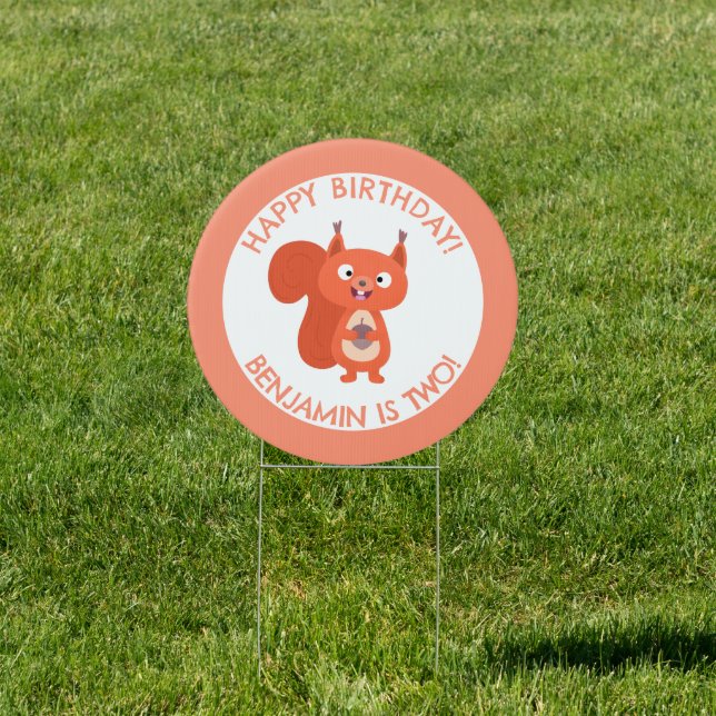 Cute red squirrel personalized cartoon birthday sign (Insitu)
