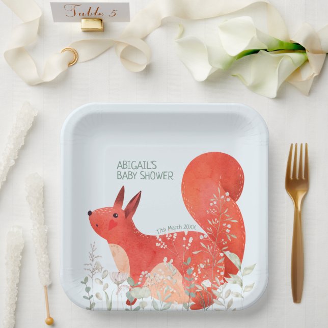 Cute Red Squirrel Wildflower Boy Baby Shower Paper Plates (Wedding)