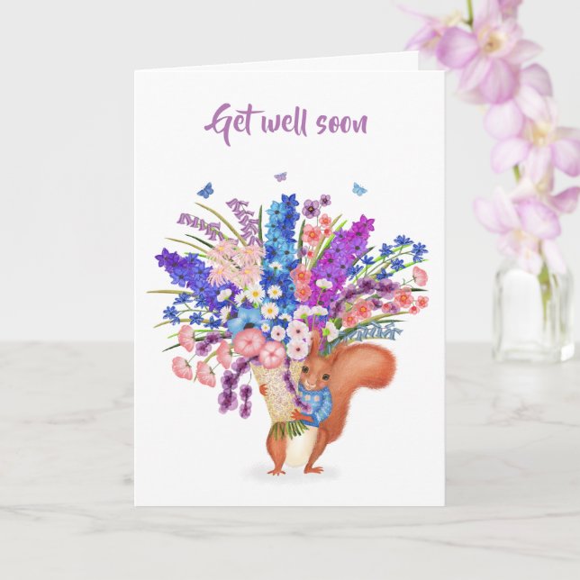 Cute red squirrel with flowers Get Well card (Orchid)